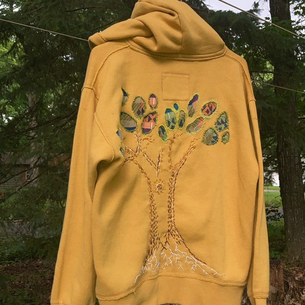 Upcycled Repurposed hooded sweatshirt with appliqué and embroidery